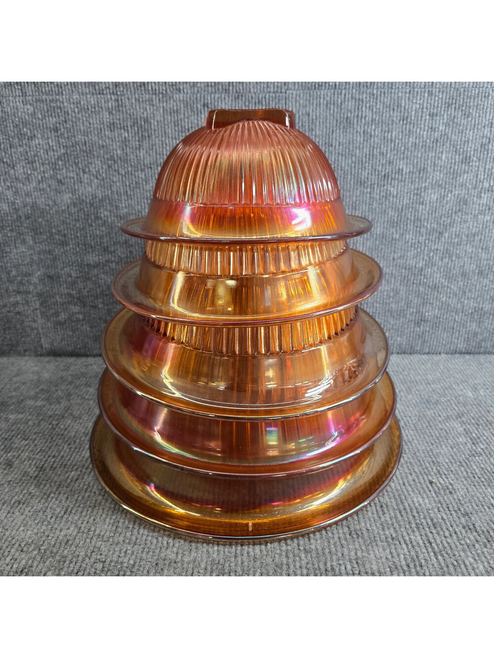 Vintage Federal Glass Marigold Orange Carnival Ribbed Mixing Bowls Square Bottom